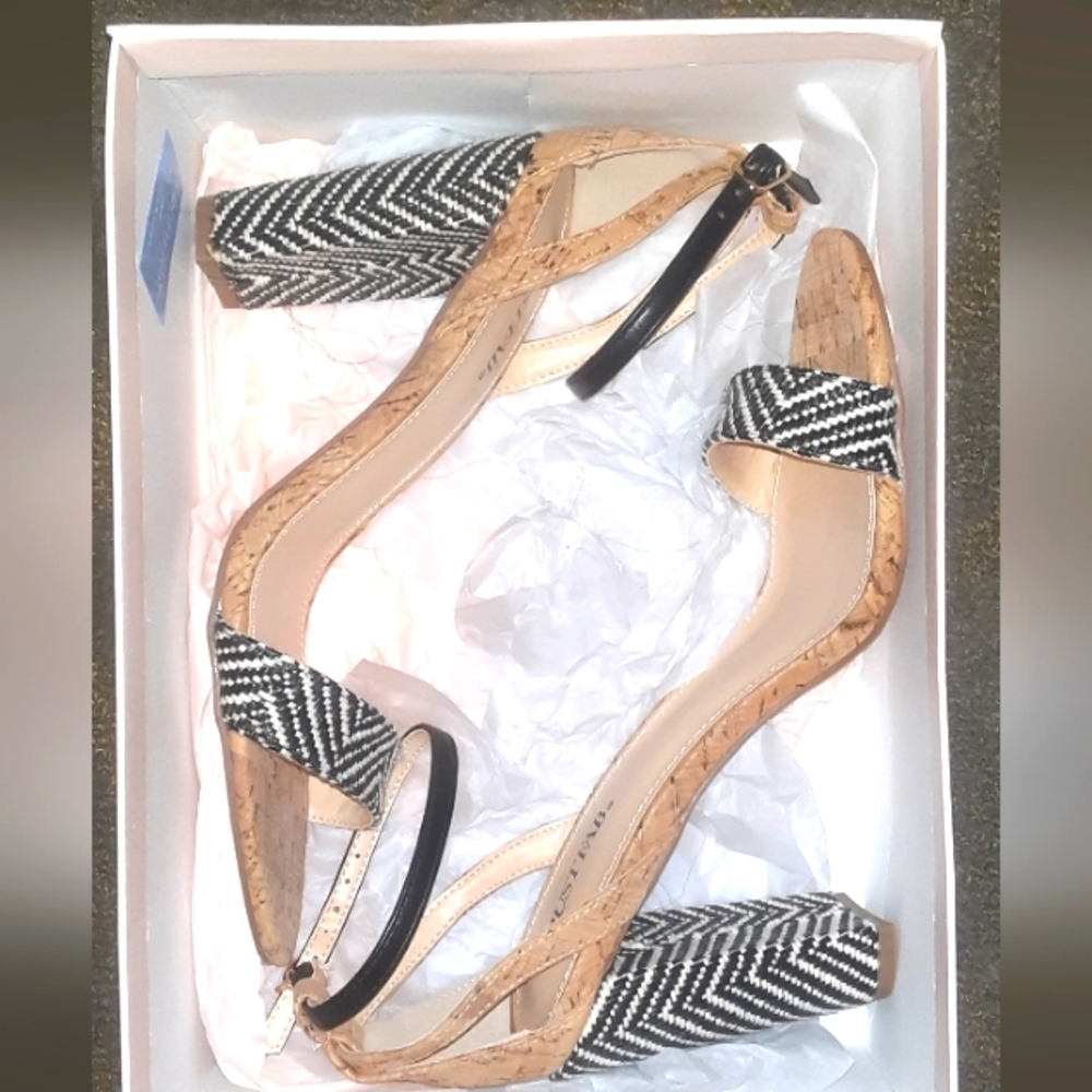 Justfab size 10 mixed patterns black natural cork 4 inch heels brand new